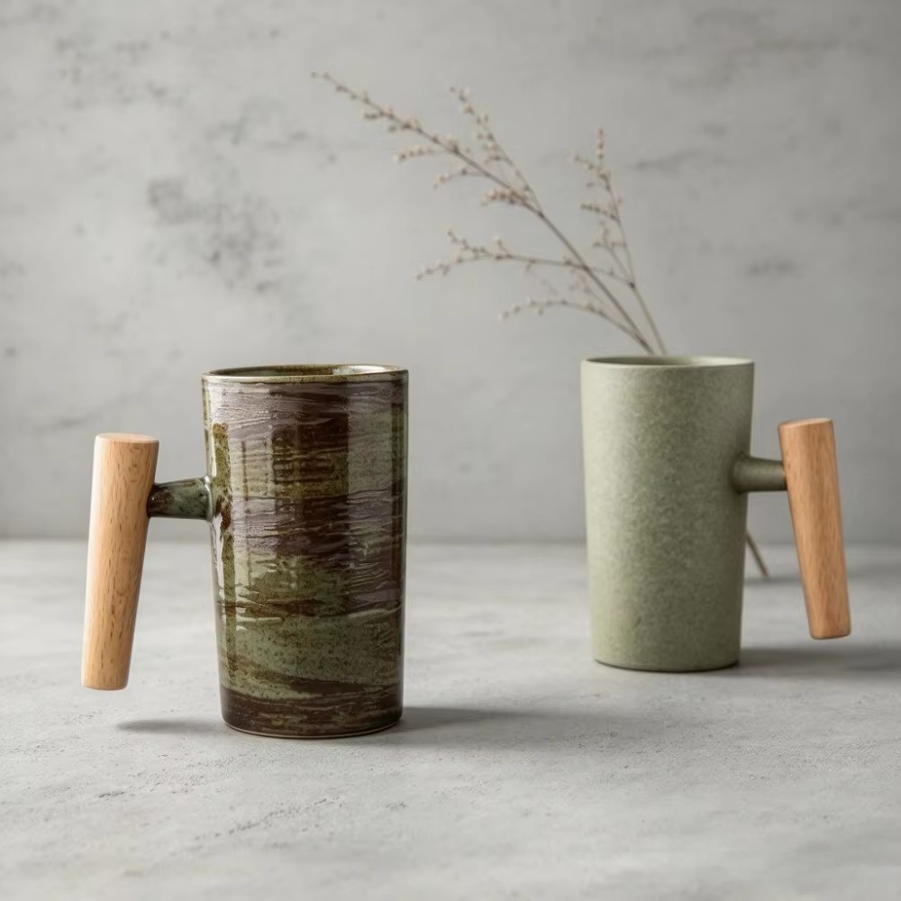 Japanese Tea - Cangkir Kopi Keramik dengan Gagang Kayu,
